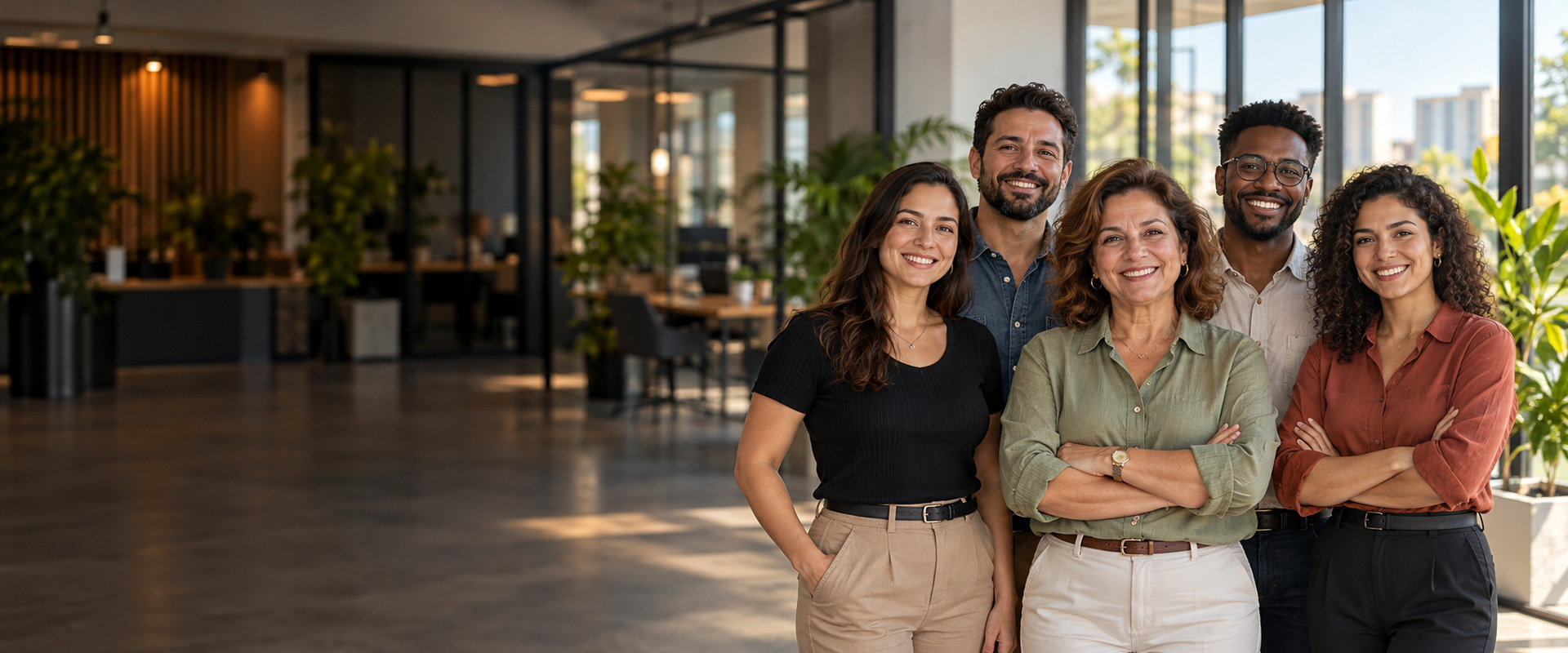 Empresária de cerca de 50 anos sorrindo de braços cruzados, à frente da sua equipe de quatro pessoas num escritório claro