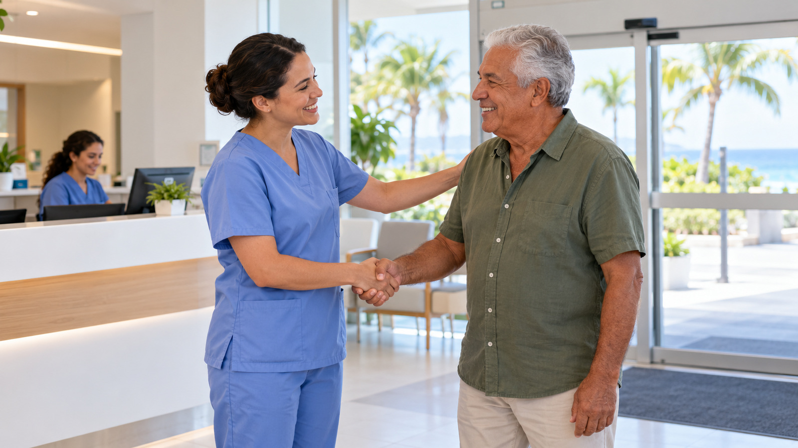 Enfermeira cumprimentando um senhor na recepção de uma unidade de saúde no litoral, com coqueiros e mar ao fundo