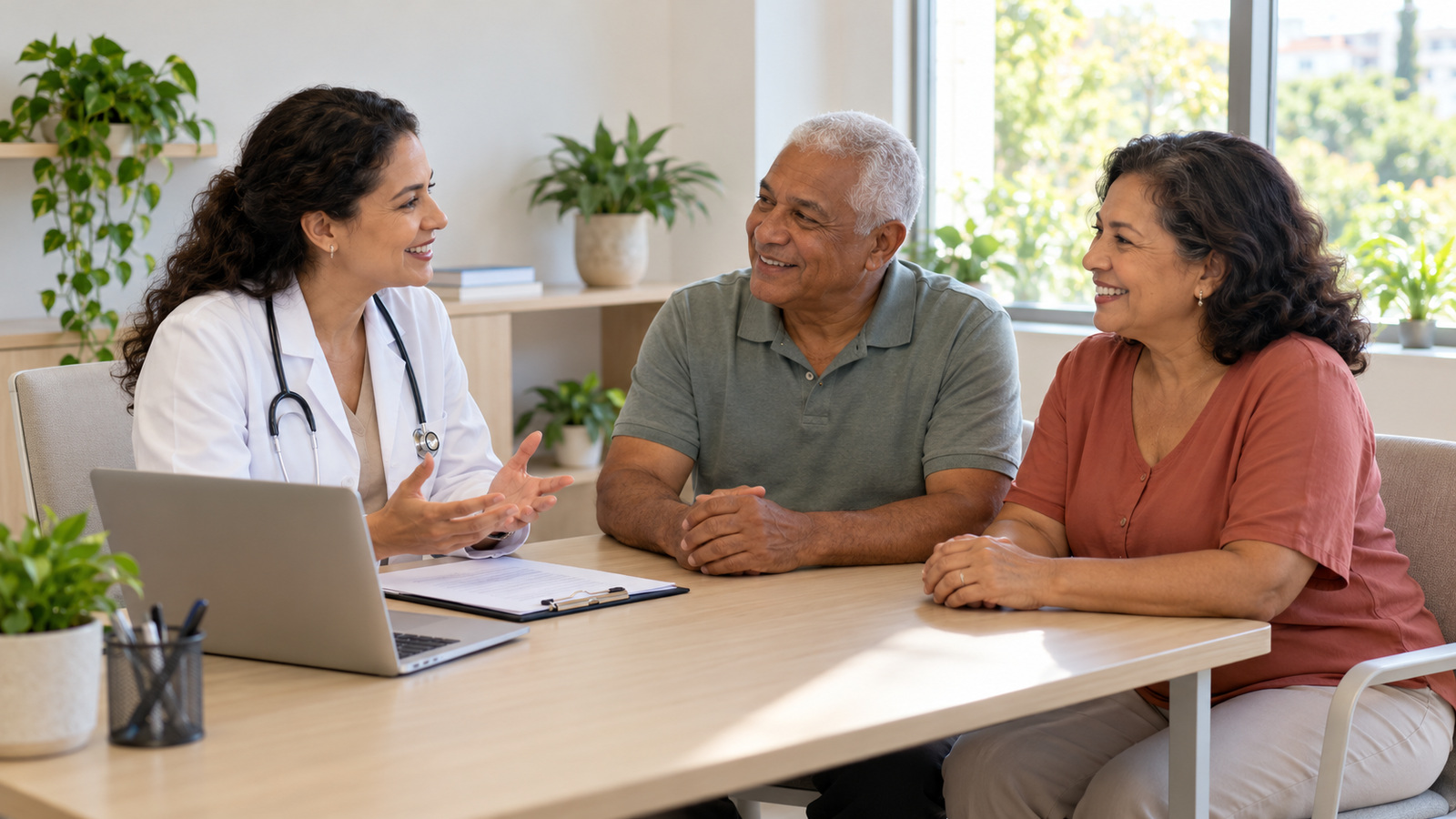 Médica conversando com um casal de cerca de 60 anos num consultório claro