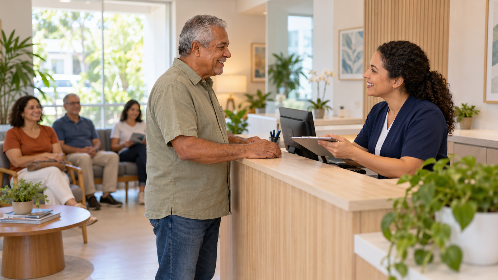 Recepcionista atendendo um senhor de cerca de 65 anos na recepção clara de uma clínica, com pessoas aguardando ao fundo